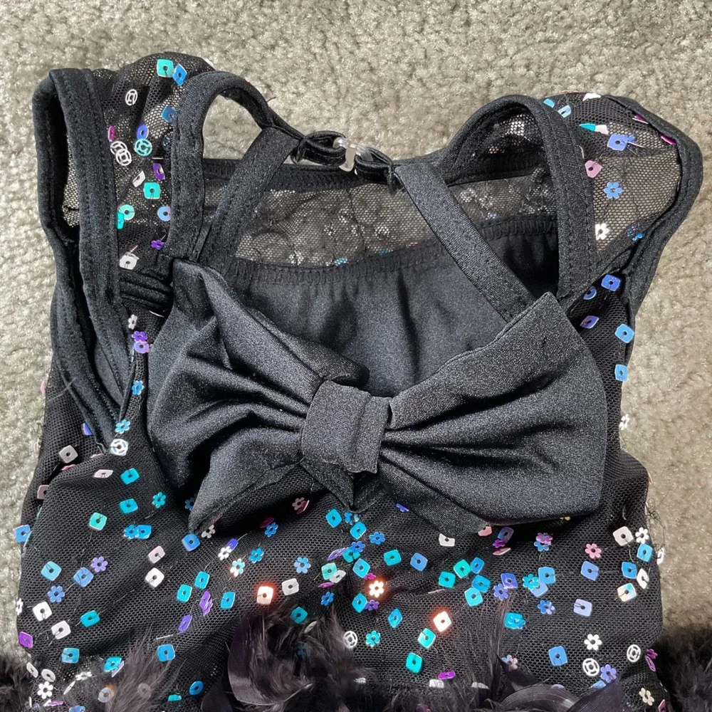 Weissman Dance Leotard Kids XSC Black Turquoise Sequin Feather Costume 13601